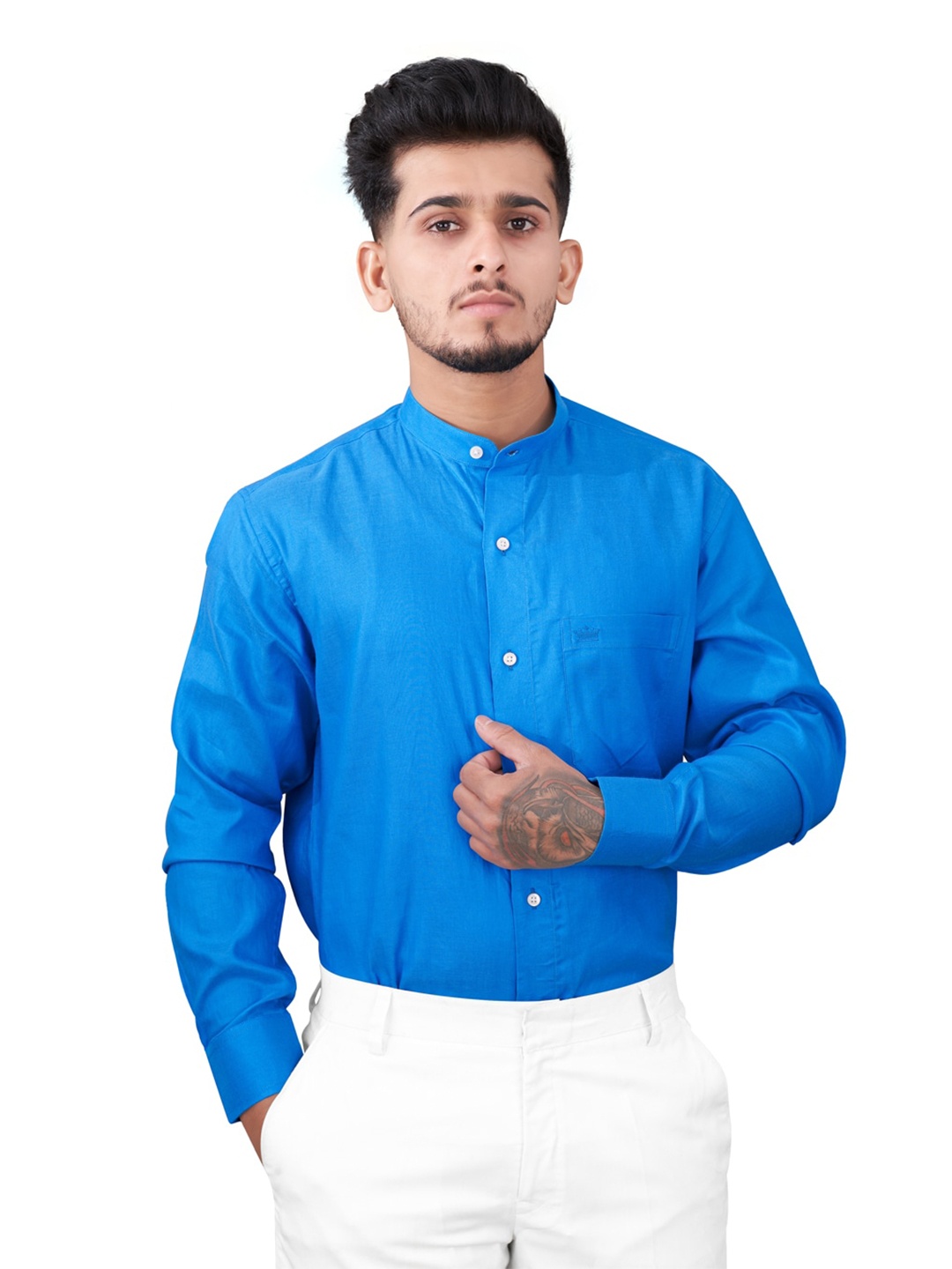 

FRENCH CROWN Standard Band Collar Casual Pure Cotton Shirt, Blue