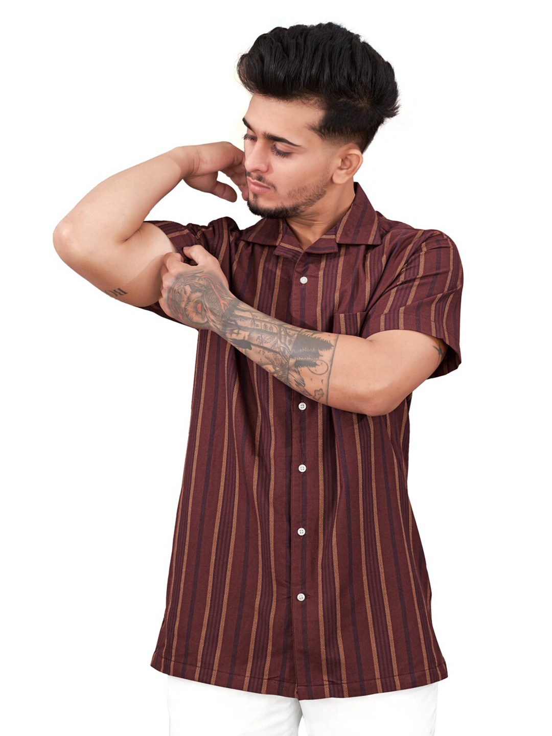 

FRENCH CROWN Standard Opaque Striped Casual Shirt, Brown