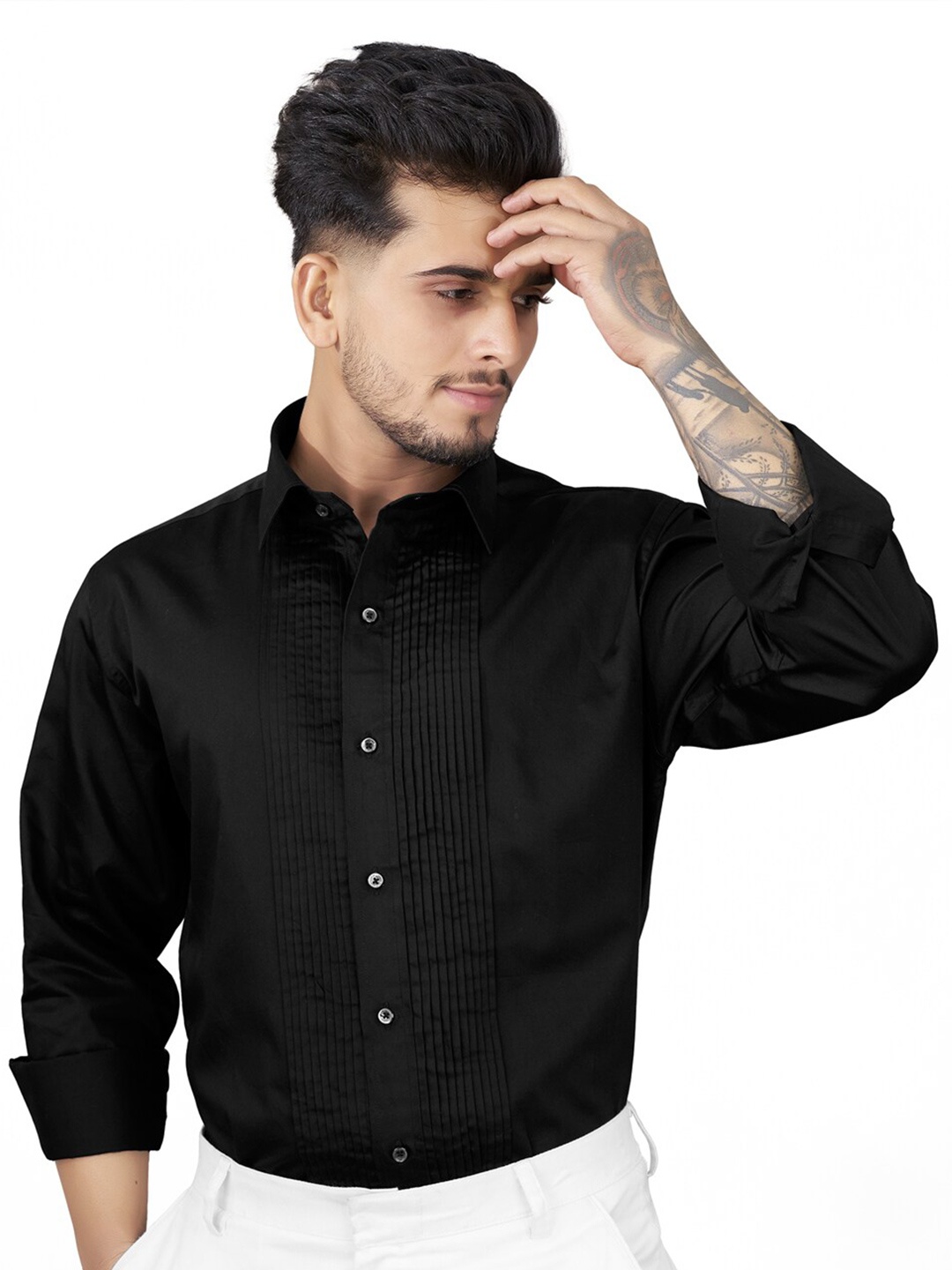 

FRENCH CROWN Standard Pin Tucks Twill Pure Cotton Casual Shirt, Black