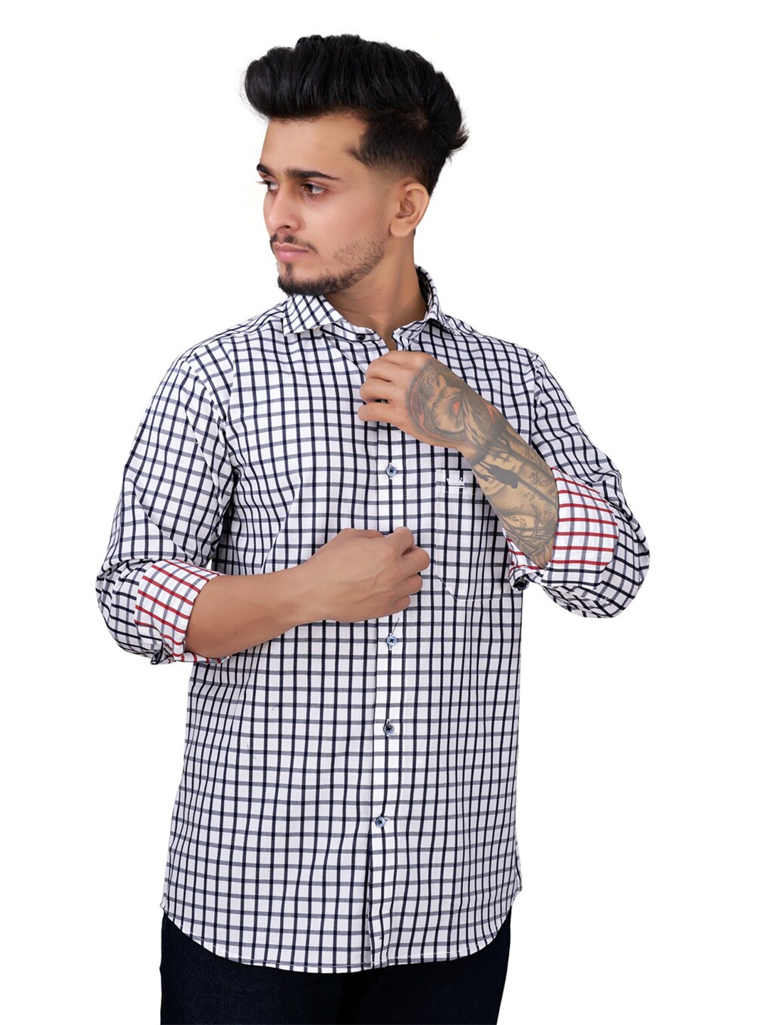 

FRENCH CROWN Standard Gingham Checked Casual Pure Cotton Shirt, White