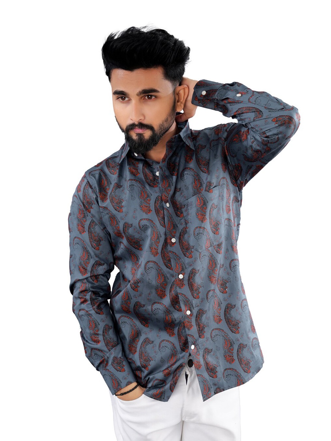 

FRENCH CROWN Standard Paisley Motif Printed Twill Pure Cotton Casual Shirt, Blue