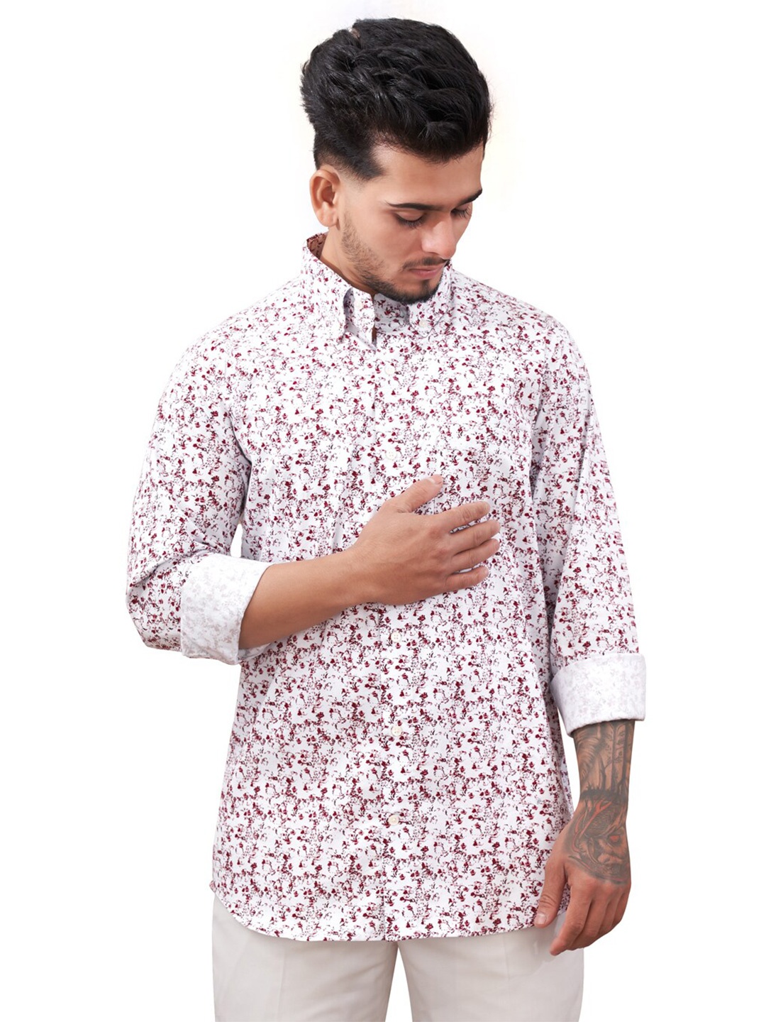 

FRENCH CROWN Standard Floral Printed Button Down Collar Pure Cotton Shirt, White