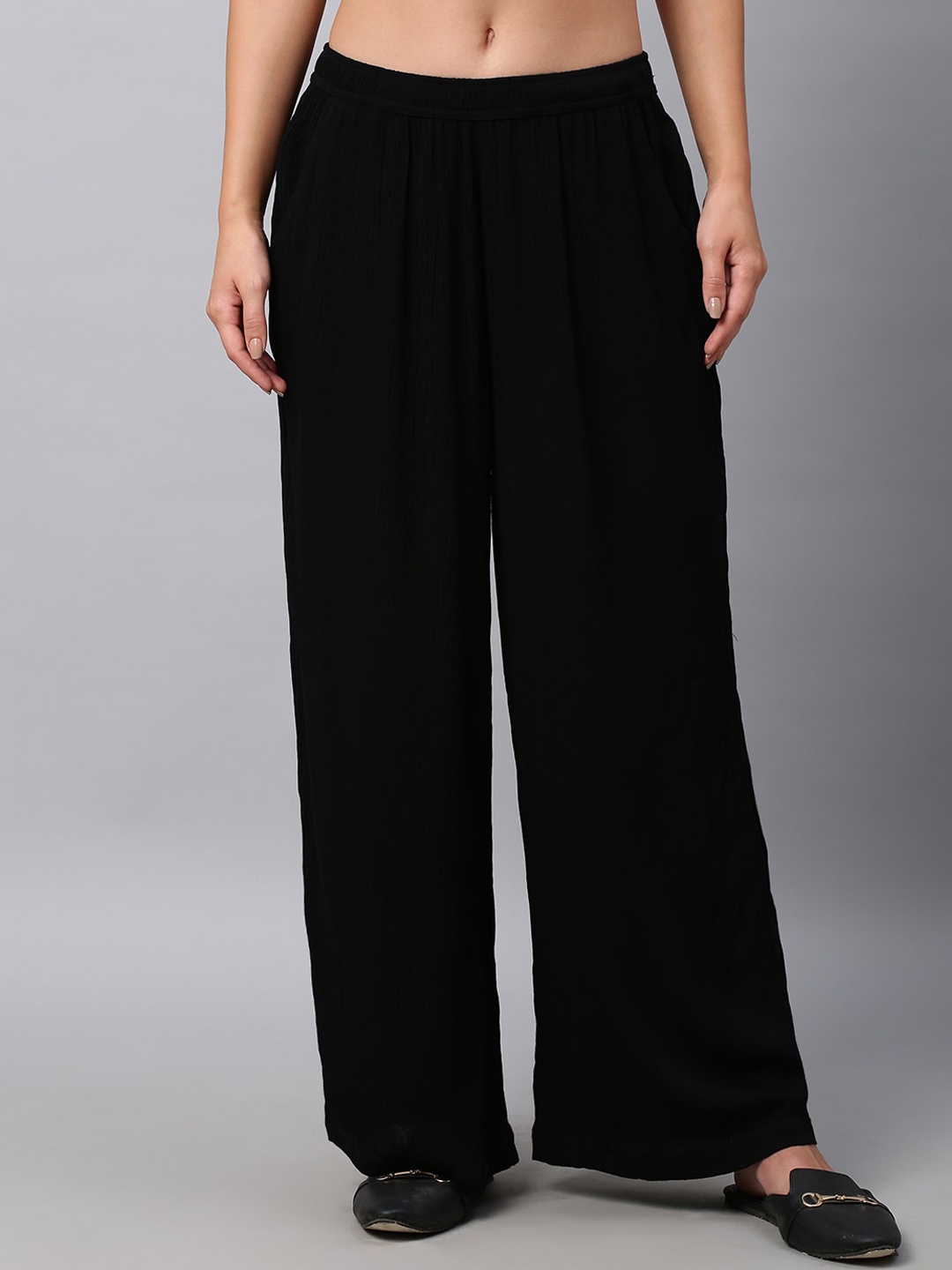 

Chemistry Women Mid Rise Plain Flared Parallel Trousers, Black