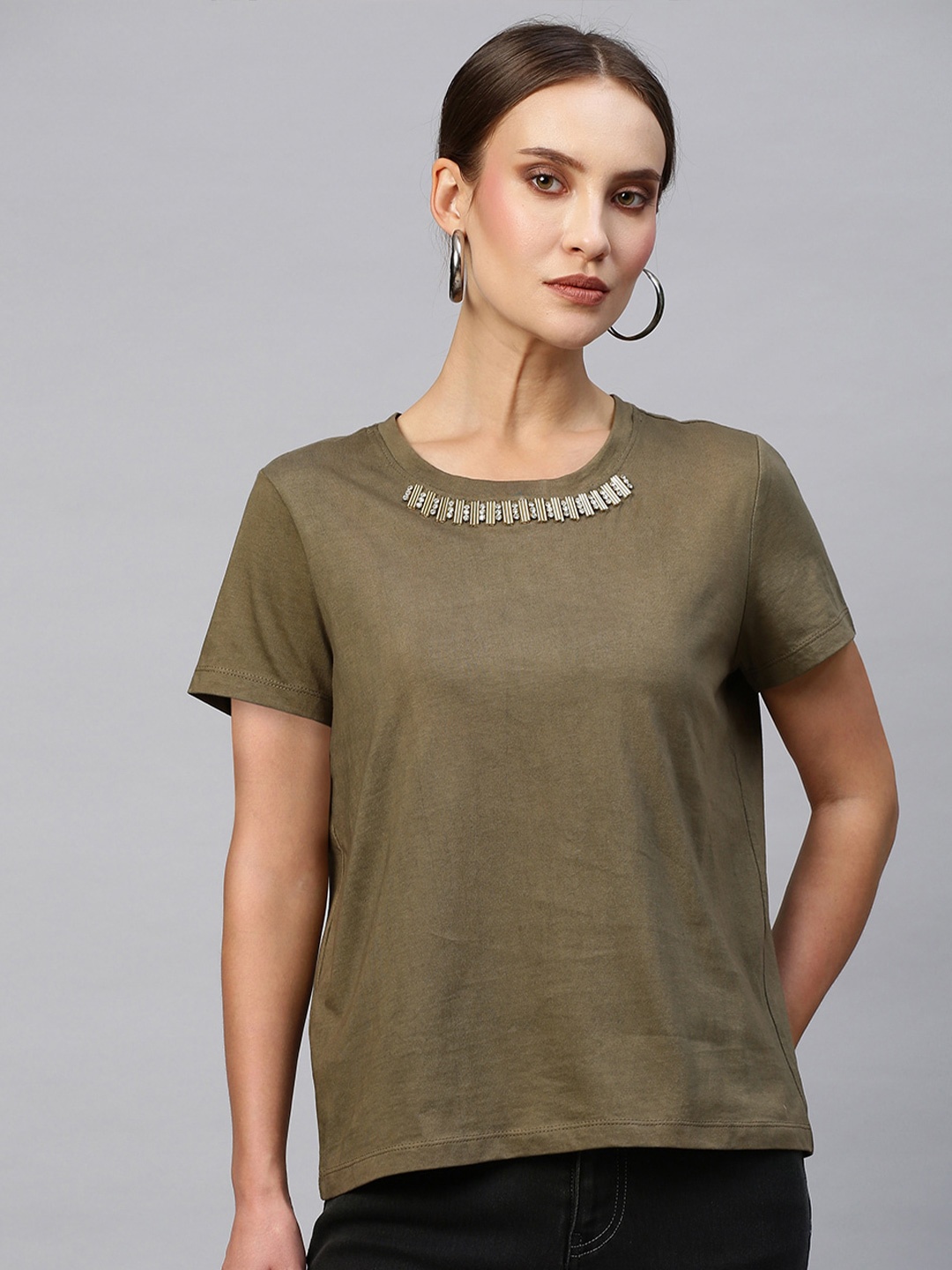 

Chemistry Embellished Round Neck Pure Cotton T-shirt, Olive