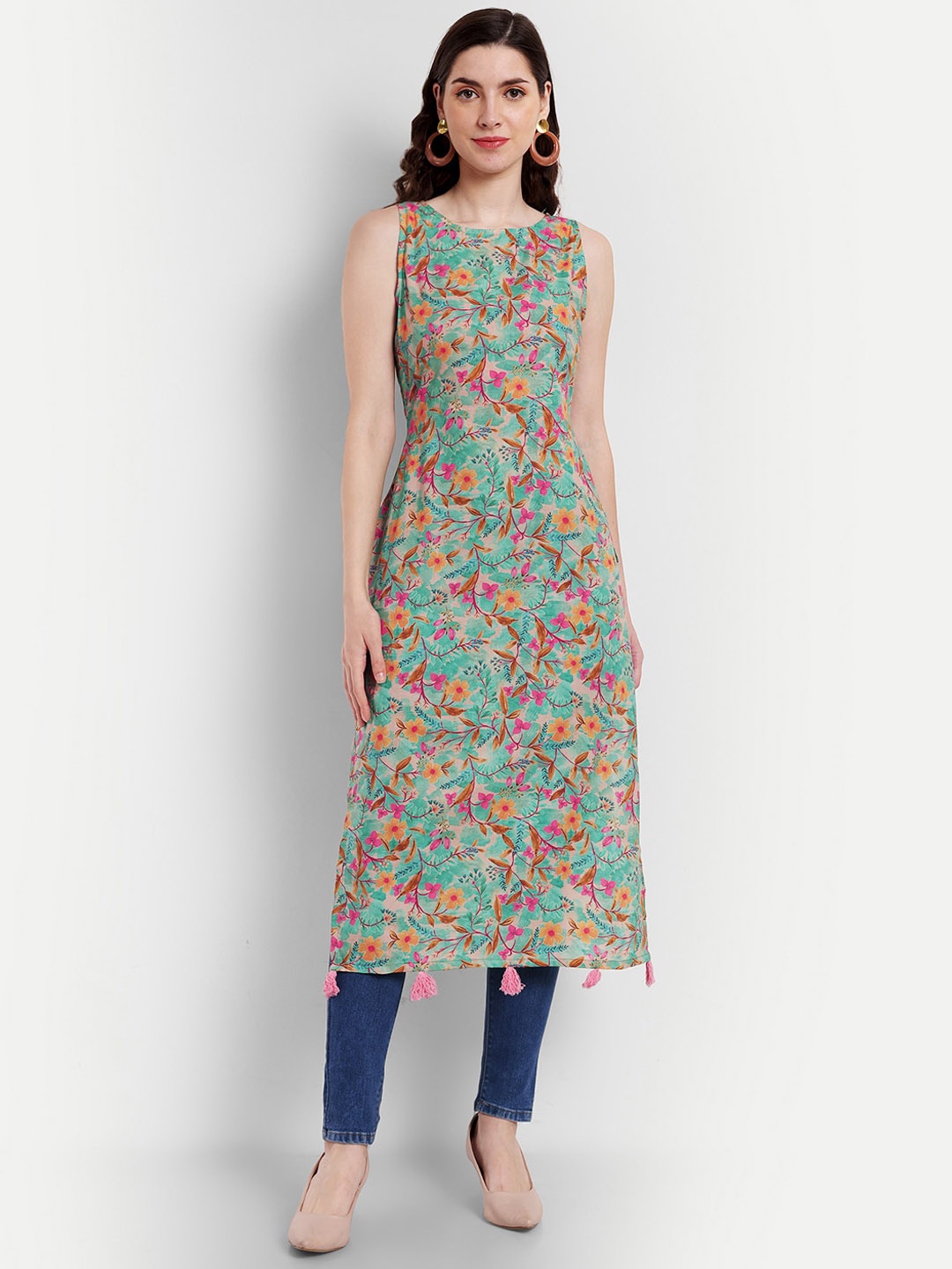 

ISAM Sleeveless Floral Printed Straight Pure Cotton Kurta, Green