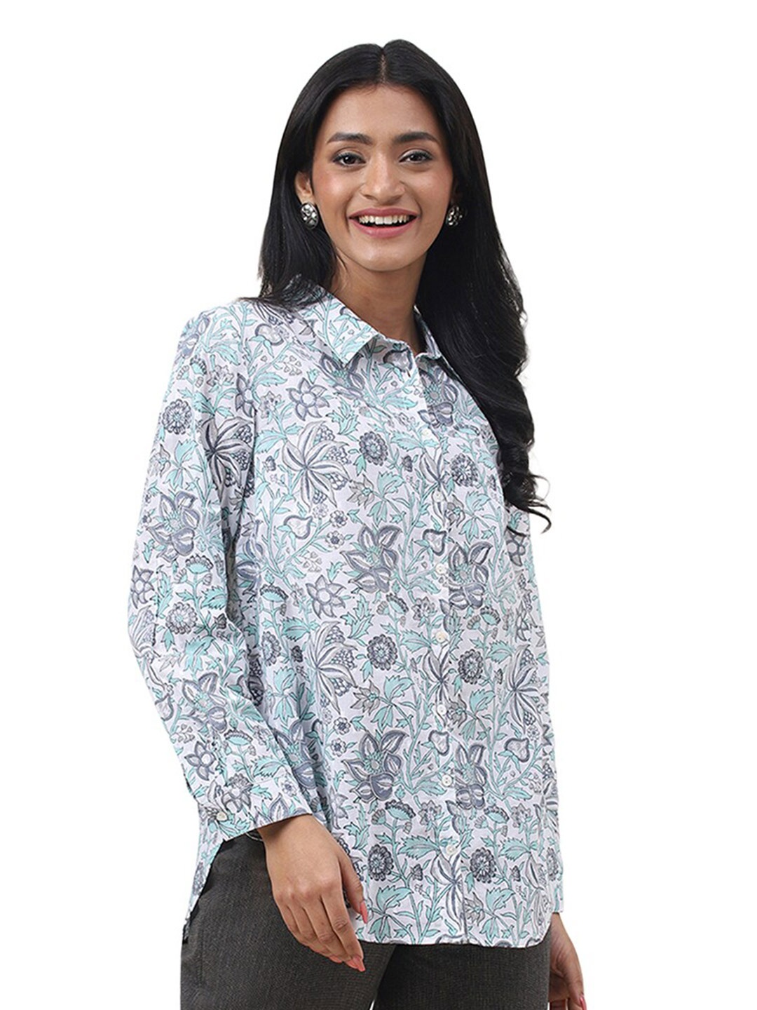 Fabindia Floral Printed Formal Cotton Shirt, White