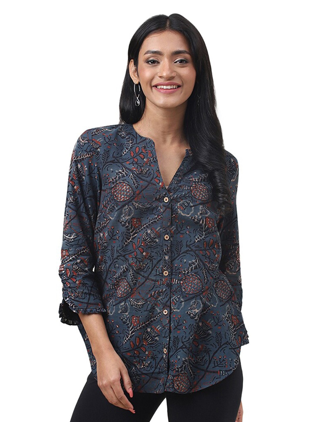 

Fabindia Mandarin Collar Floral Printed Cotton Shirt Style Top, Blue