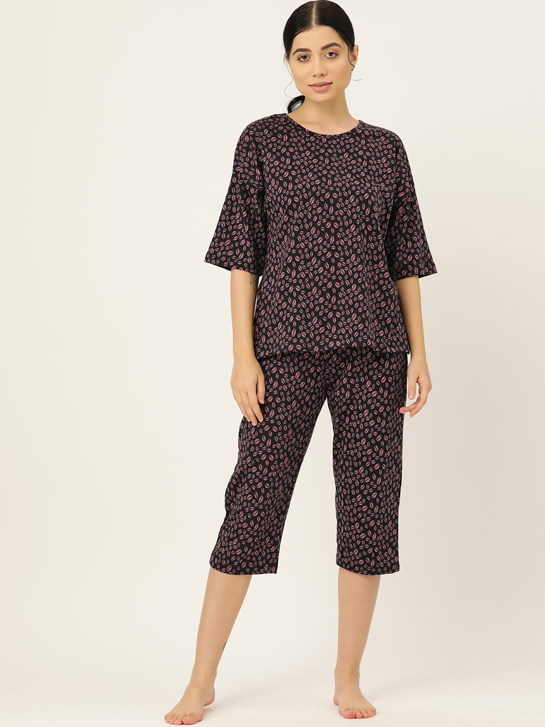 

ETC Tropical Printed Pure Cotton Night suit, Black