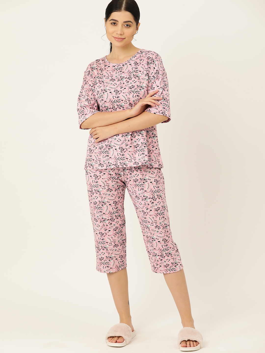 

ETC Floral Printed Cotton Night suit, Pink