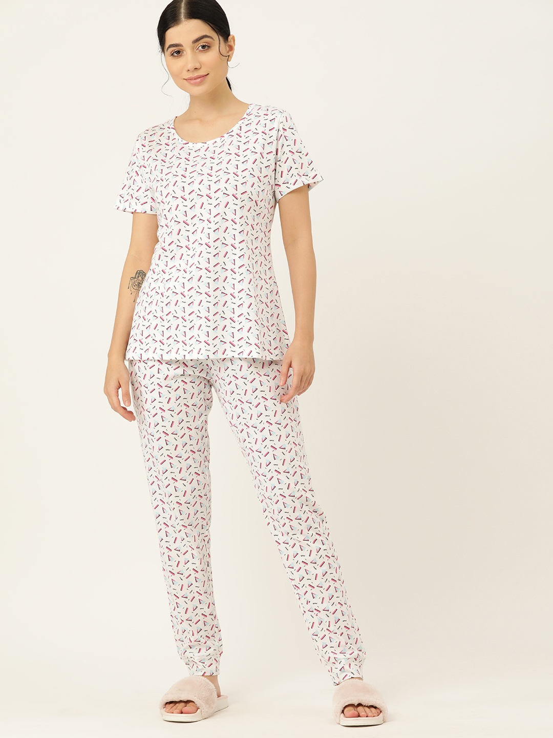 

ETC Abstract Printed Night suit, White