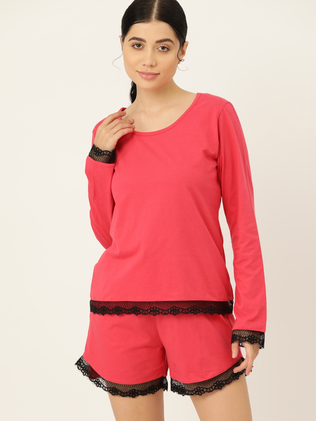 

ETC Solid Lace Hem Cotton Night suit, Red