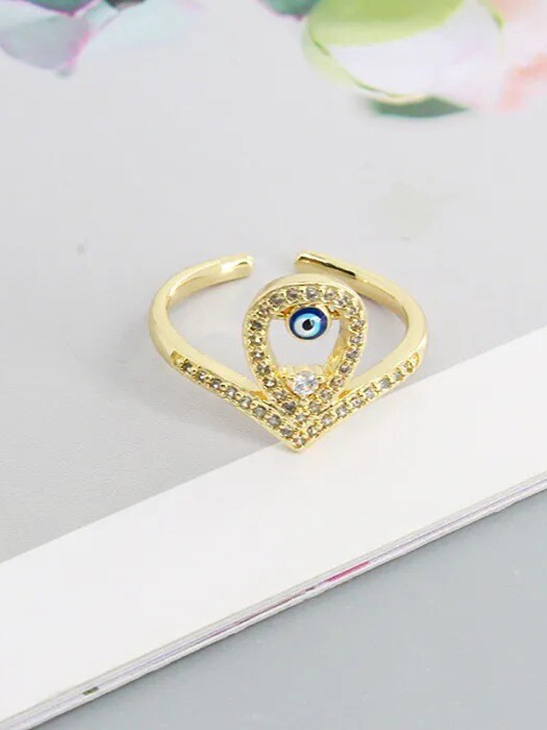 

VIEN Gold-Plated Cubic Zirconia Studded Evil Eye Adjustable Finger Ring