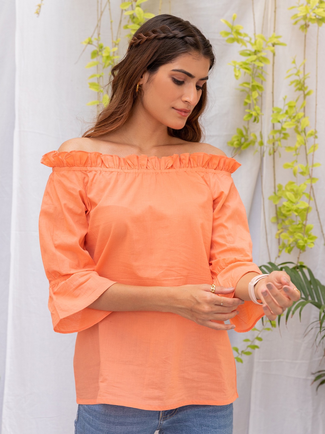 

Kohsh Off-Shoulder Puffed Sleeves Ruffled Pure Cotton Bardot Top, Peach