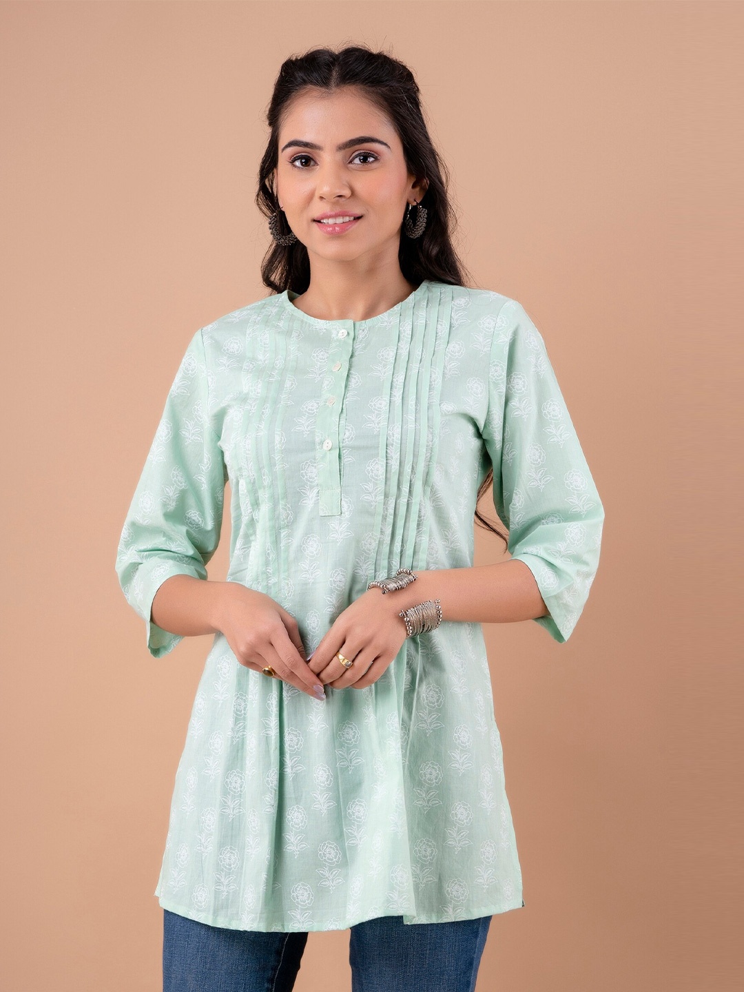 

Kohsh Floral Printed Pure Cotton Pleated Tunic, Green