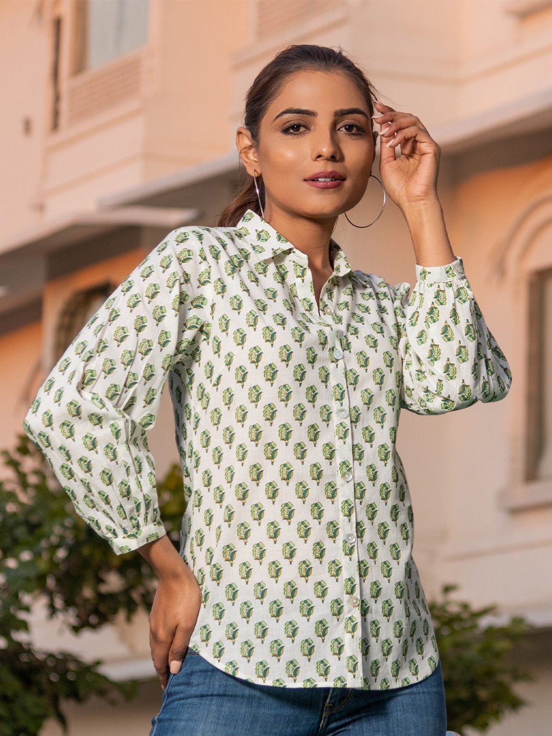 

Kohsh Ethnic Printed Pure Cotton Casual Shirt, White