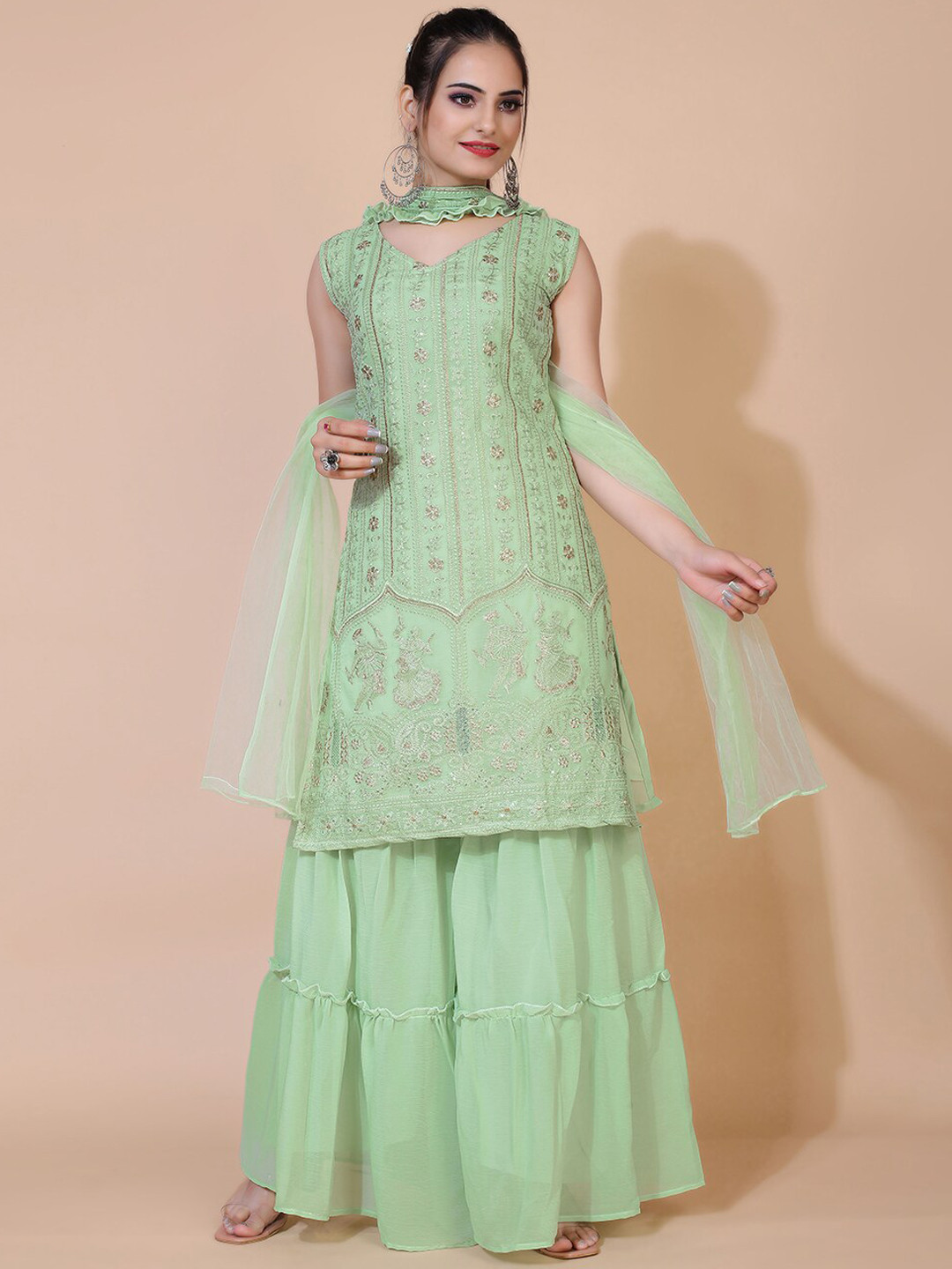 

Vidraa Western Store Embroidered Sequinned Zari Silk Chiffon Kurta with Sharara & Dupatta, Green