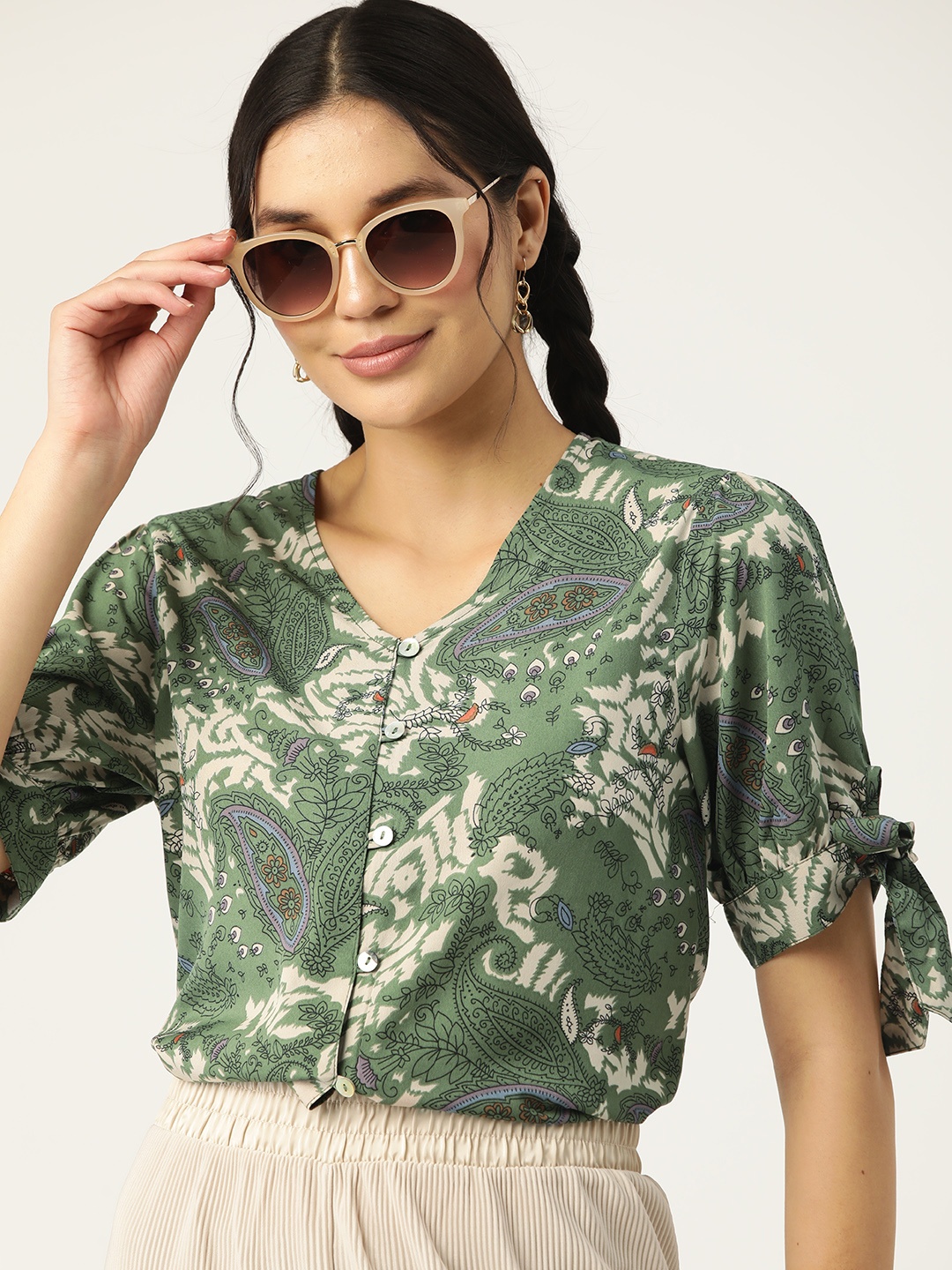 

DressBerry Ethnic Print Puff Sleeves Top, Green