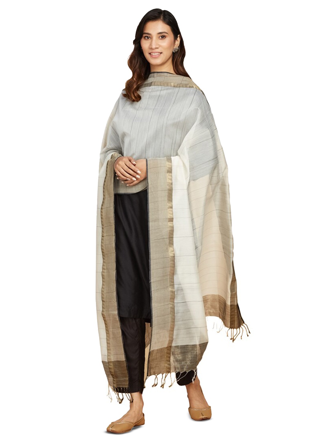 

Fabindia Striped Woven Design Zari Cotton Silk Dupatta, Cream