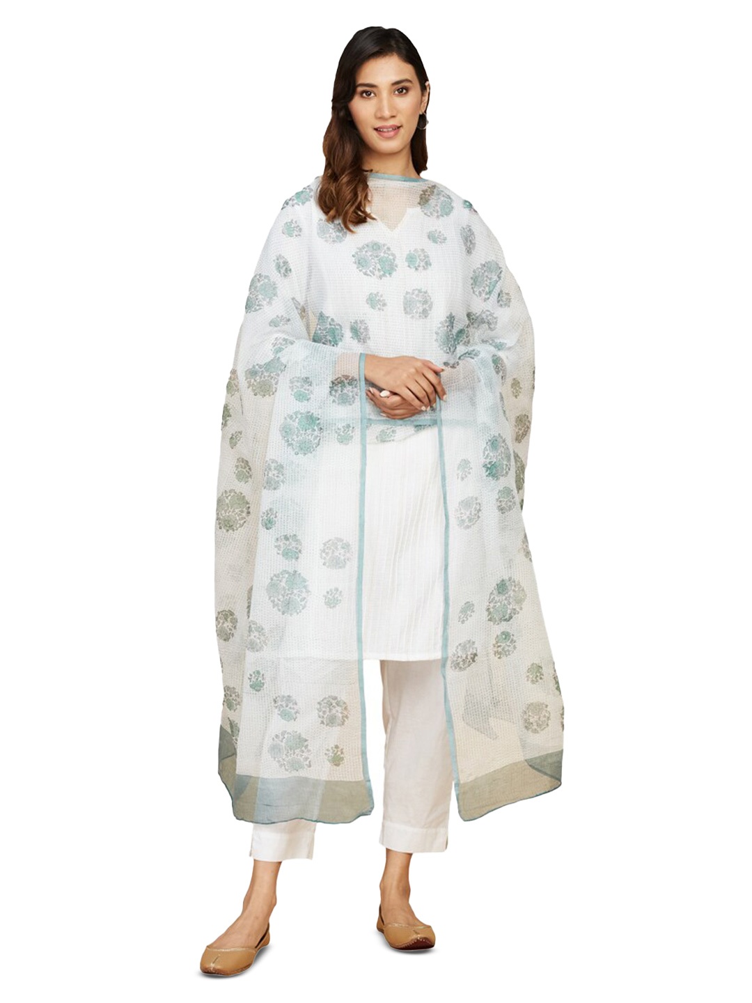 

Fabindia Floral Printed Cotton Silk Dupatta, White