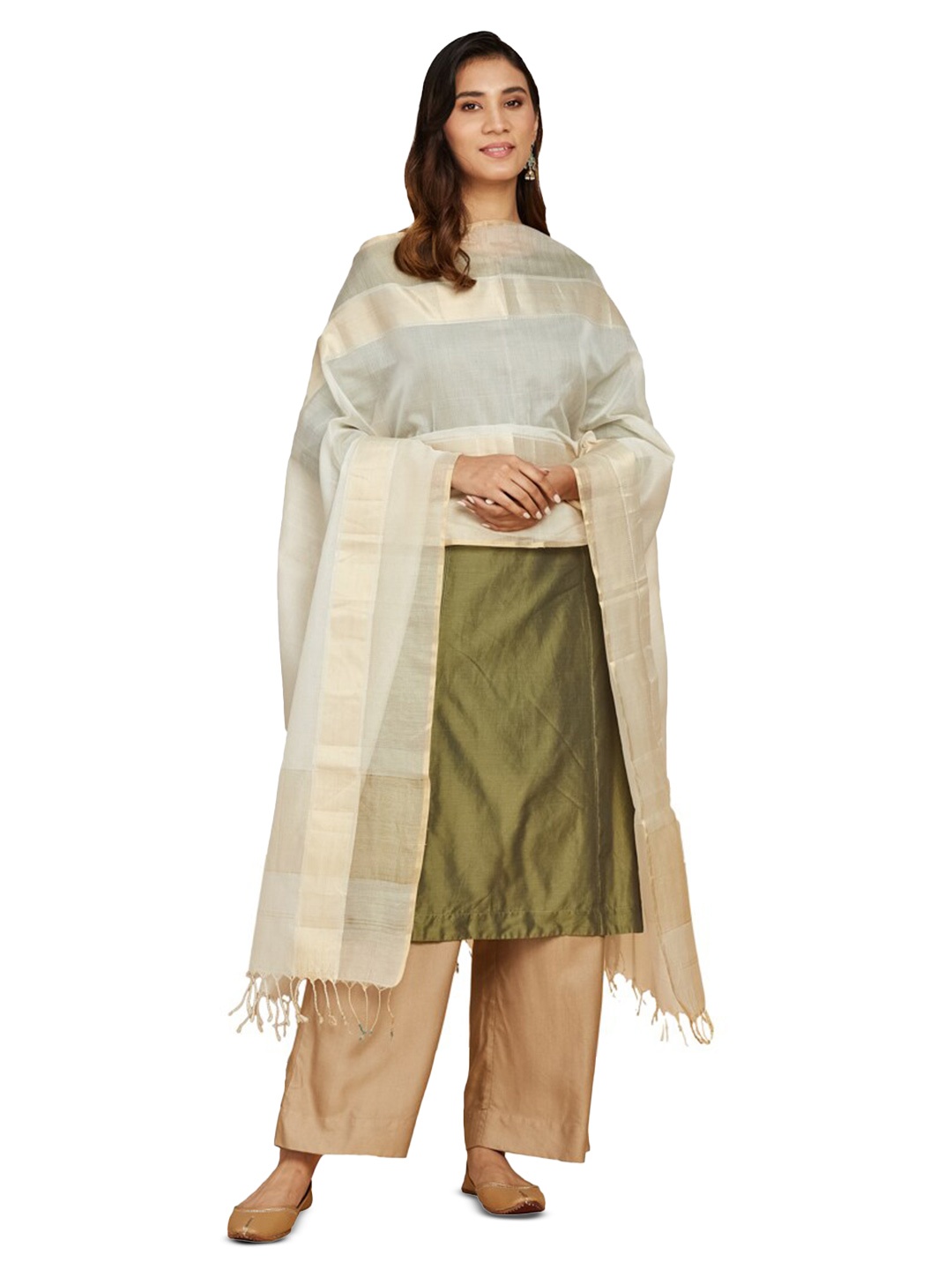 

Fabindia Woven Design Zari Cotton Silk Dupatta, Cream
