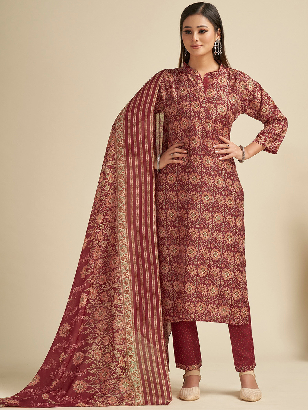 

Sitaram Designer Ethnic Motifs Printed Pure Cotton Kurta with Trousers & Dupatta, Maroon