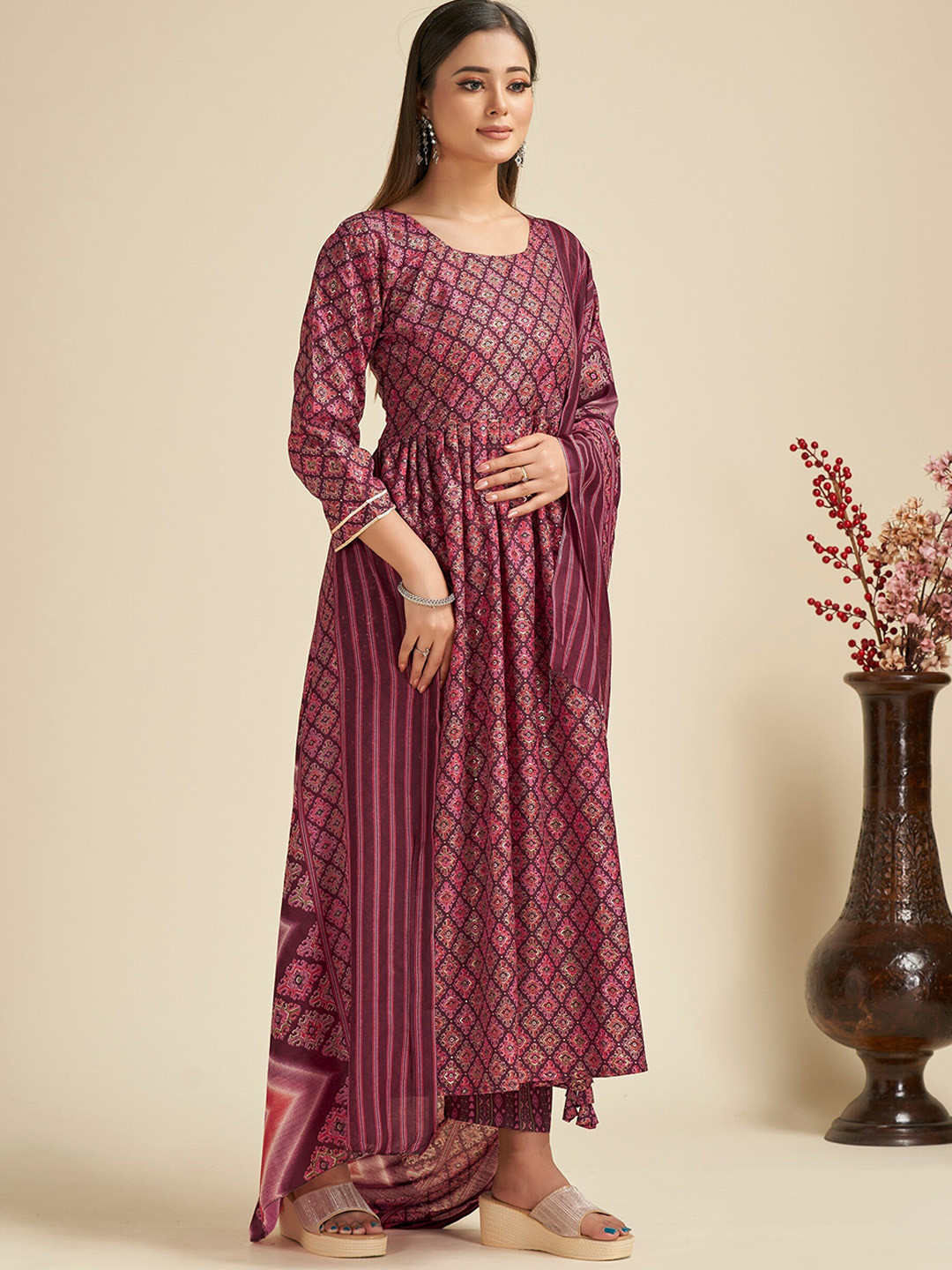 

Sitaram Designer Ethnic Motifs Printed Anarkali Pure Cotton Kurta with Trousers & Dupatta, Burgundy