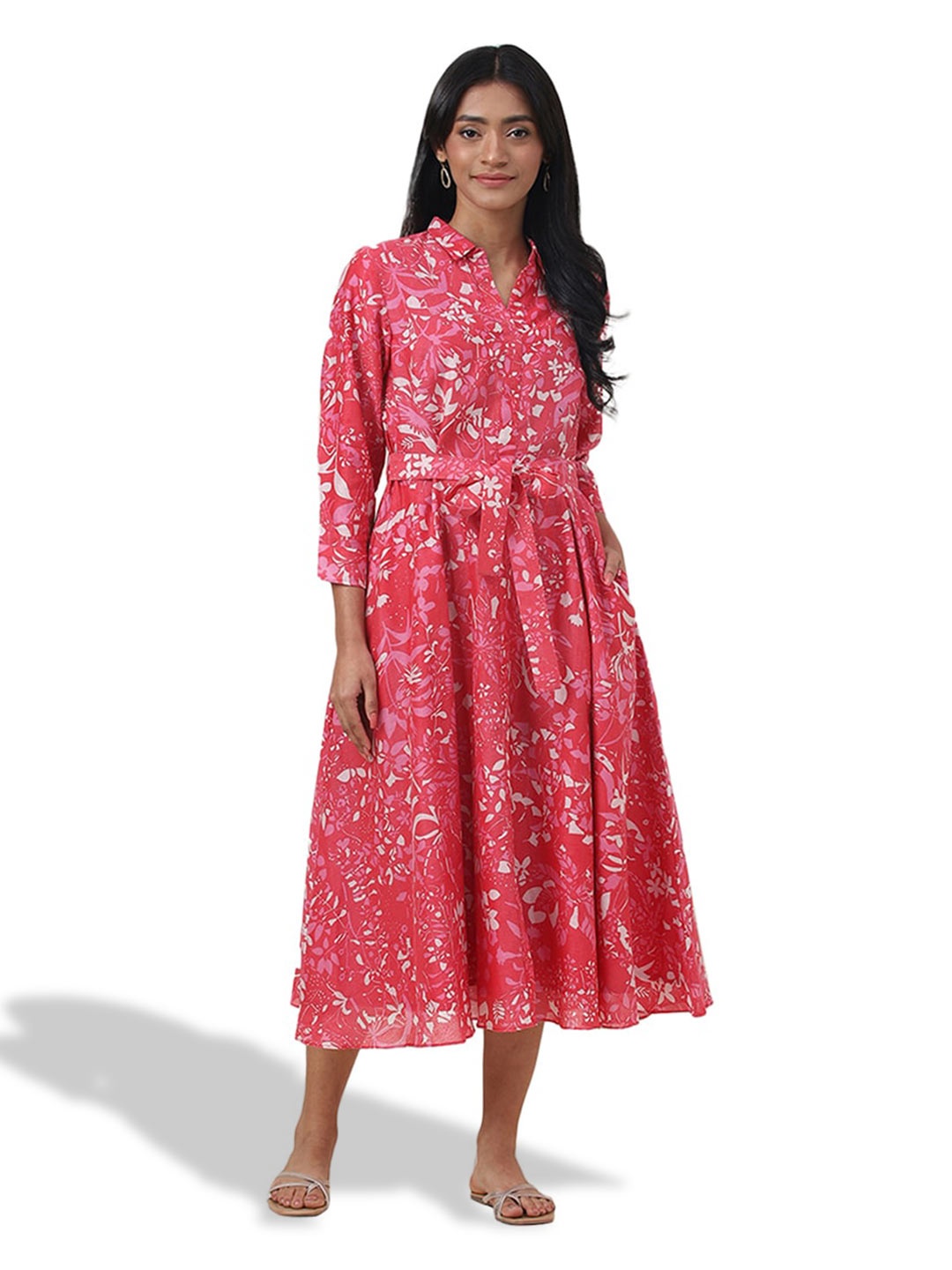 

Fabindia Floral Print Fit & Flare Midi Cotton Dress, Red