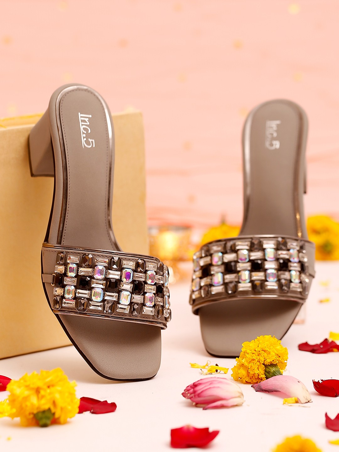 

Inc 5 Grey Embellished Open Toe Block Heels