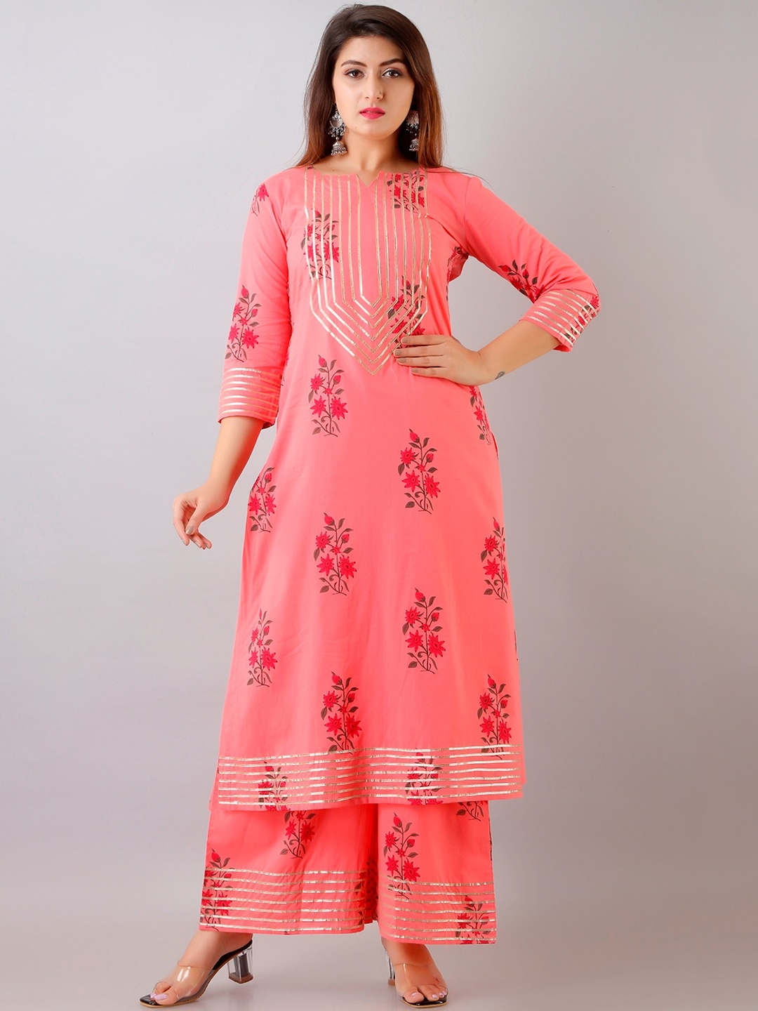 

HERE&NOW Floral Printed Gotta Patti Regular Kurta with Palazzos, Pink