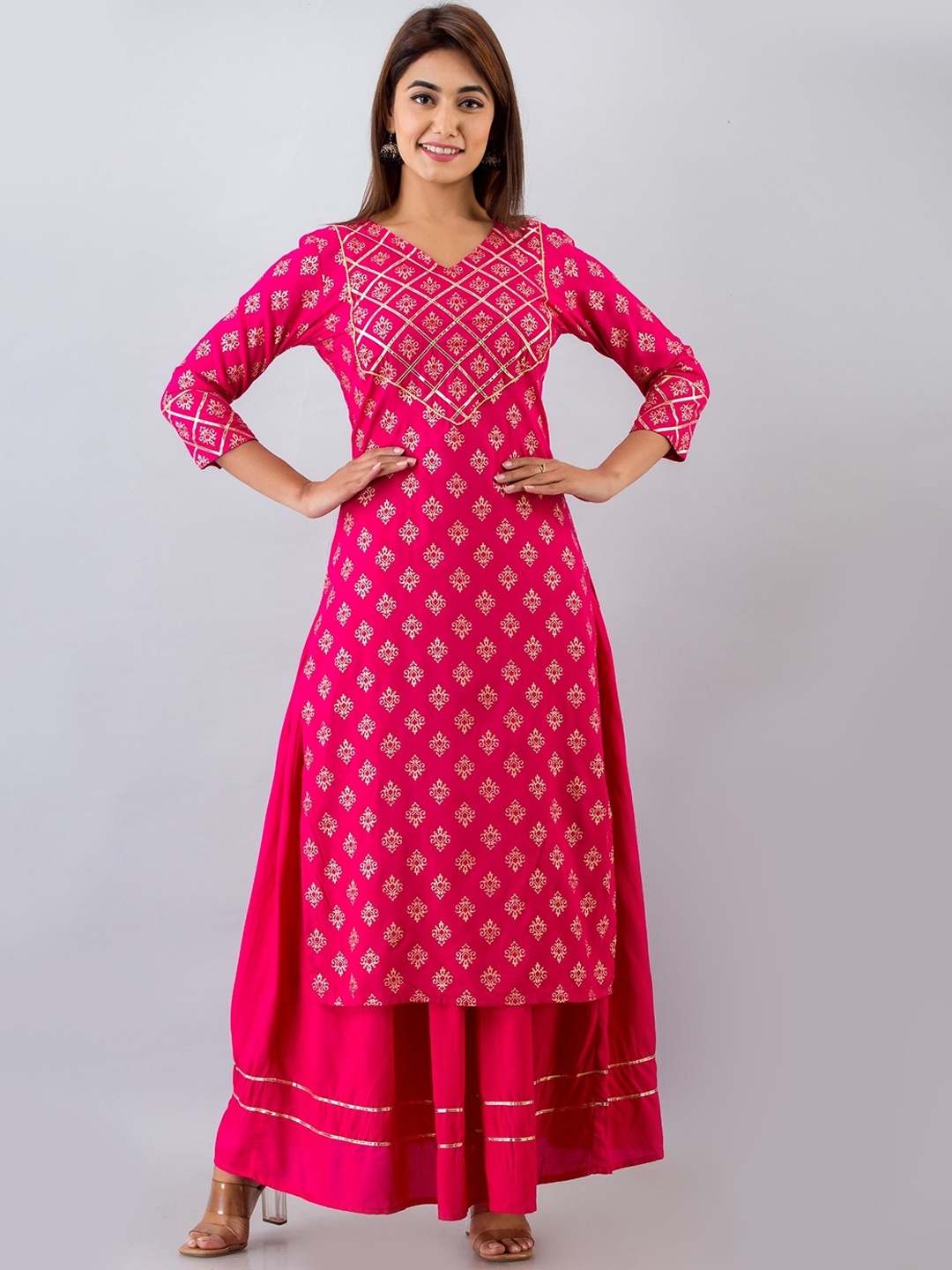 

HERE&NOW Pink Ethnic Motifs Printed Gotta Patti Kurta with Skirt