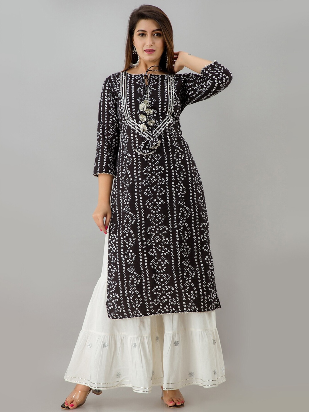 

HERE&NOW Black Bandhani Printed Gotta Patti Kurta with Sharara