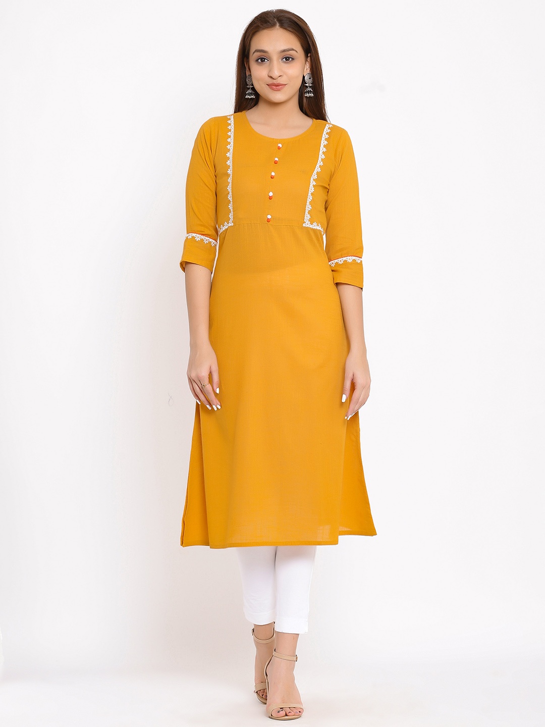 

HERE&NOW Mustard Yellow & White Ethnic Motifs Embroidered Straight Kurta