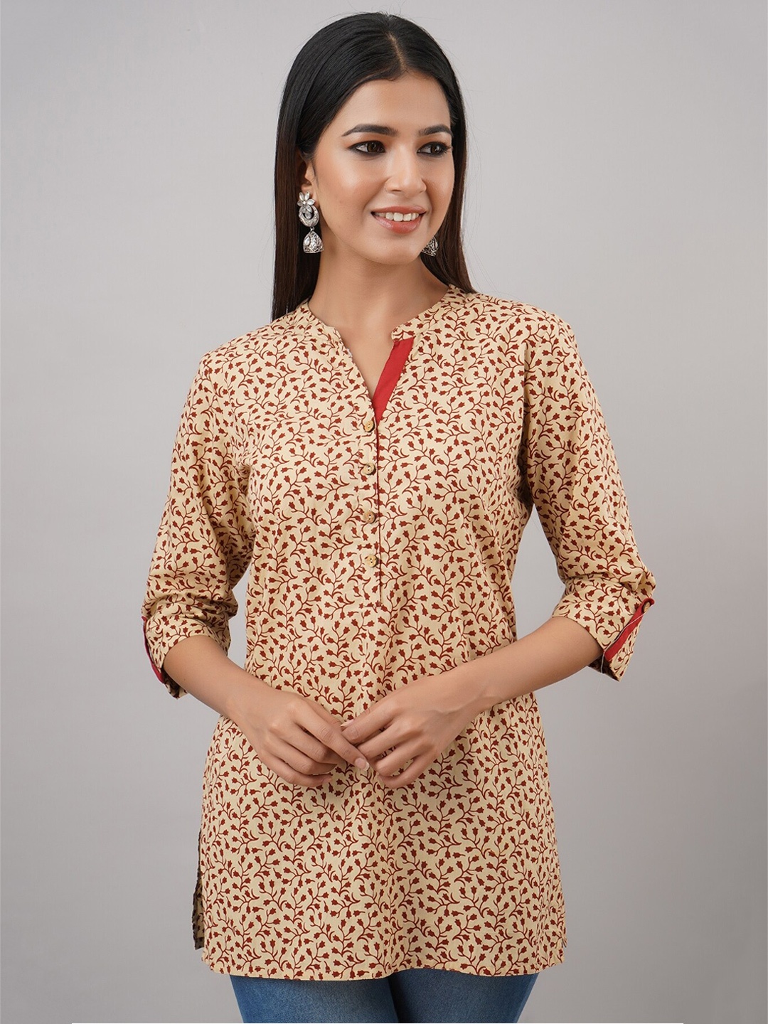 

HERE&NOW Beige & Red Ethnic Motifs Printed Mandarin Collar Kurti