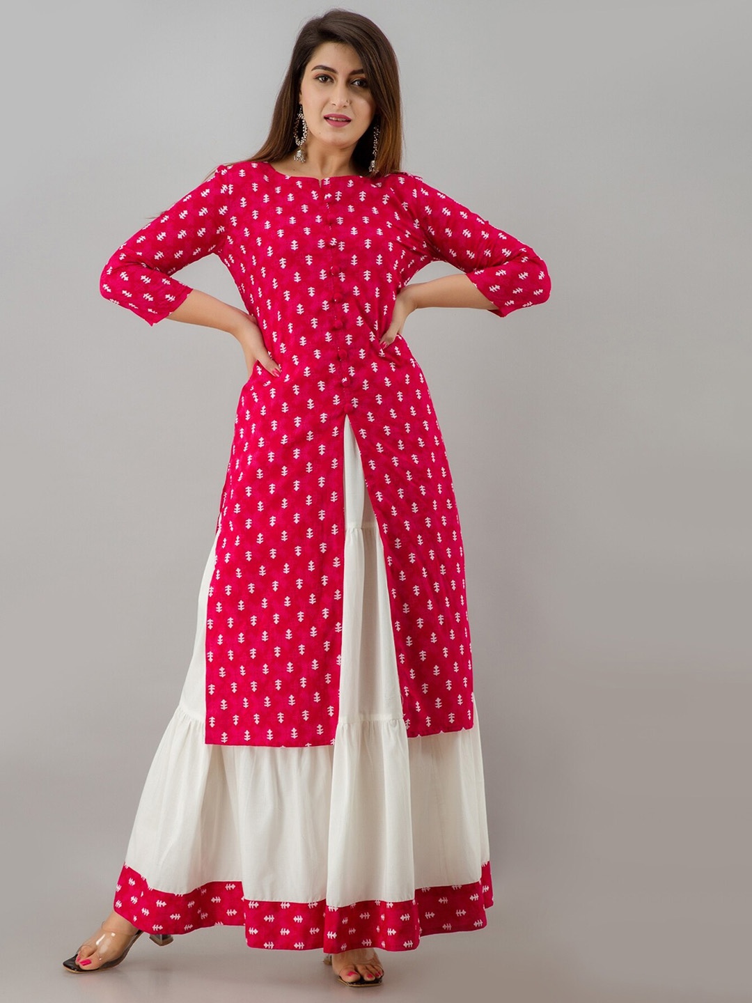 

HERE&NOW Pink & White Boat Neck Ethnic Motifs Printed Kurta with Skirt