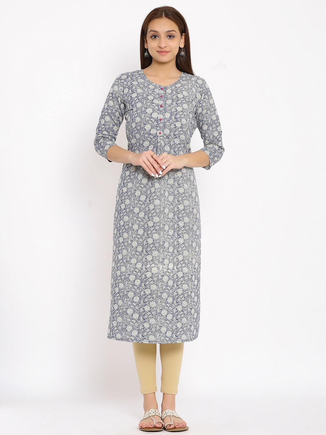 

HERE&NOW Blue & White Floral Printed Straight Kurta