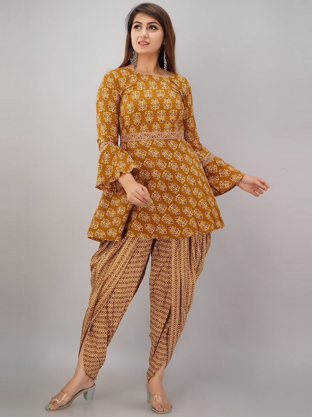 

HERE&NOW Mustard Yellow Floral Printed A-Line Kurti with Dhoti Pants