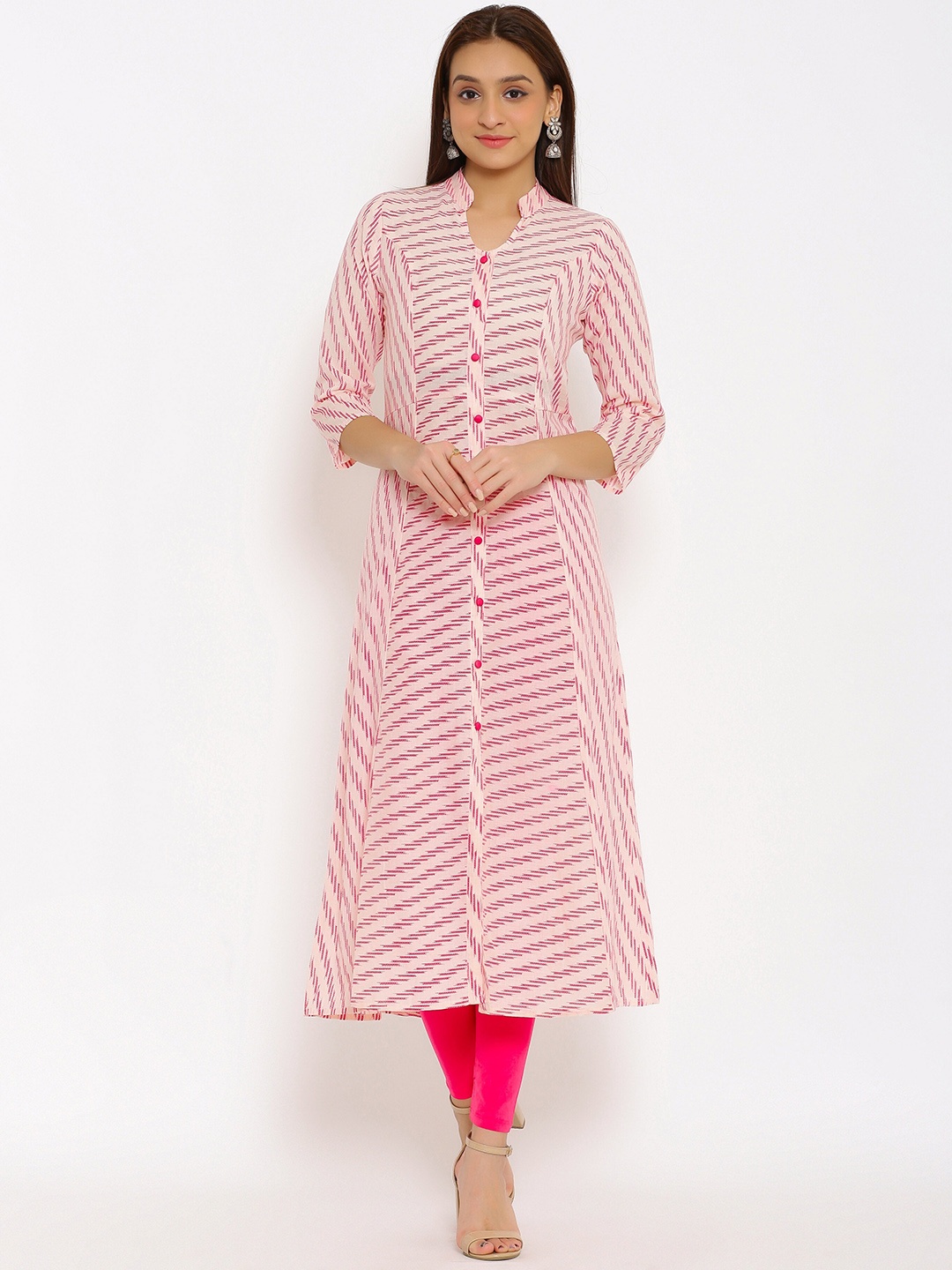 

HERE&NOW Pink Mandarin Collar Striped A-Line Kurta