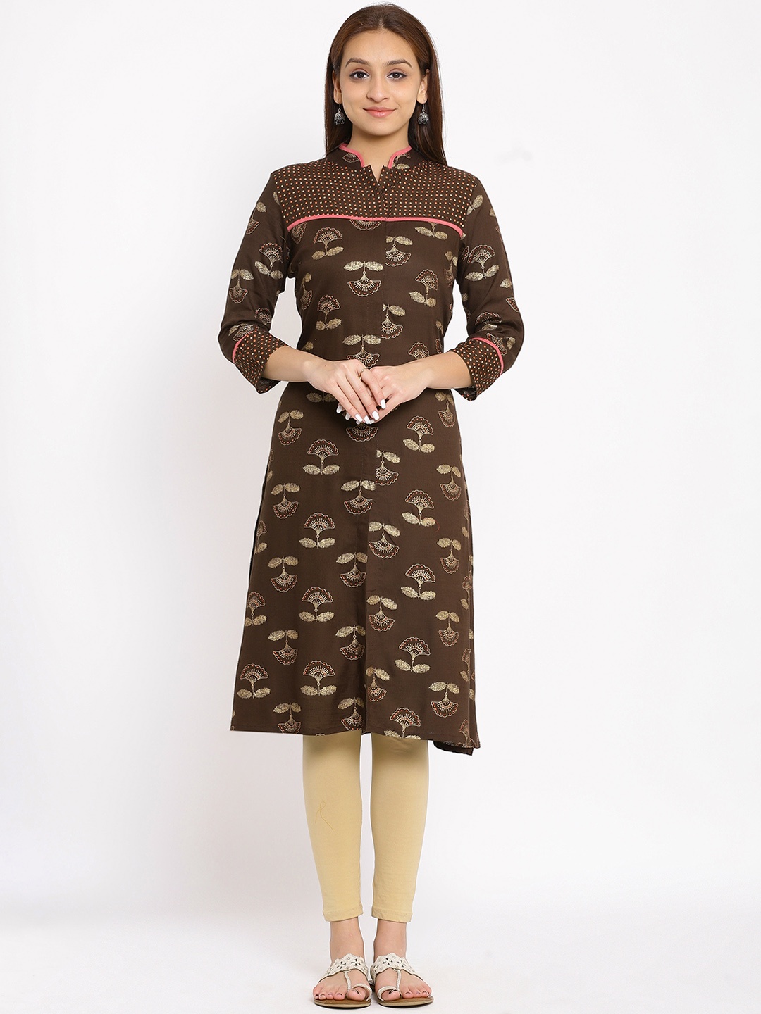 

HERE&NOW Brown & Beige Mandarin Collar Floral Printed Straight Kurta
