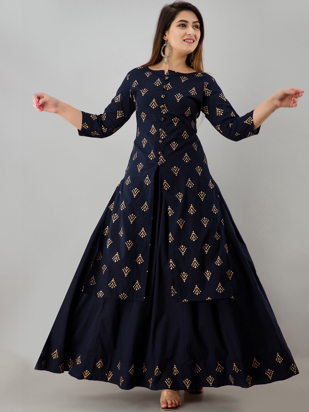 

HERE&NOW Blue Ethnic Motifs Printed Regular Kurta with Skirt