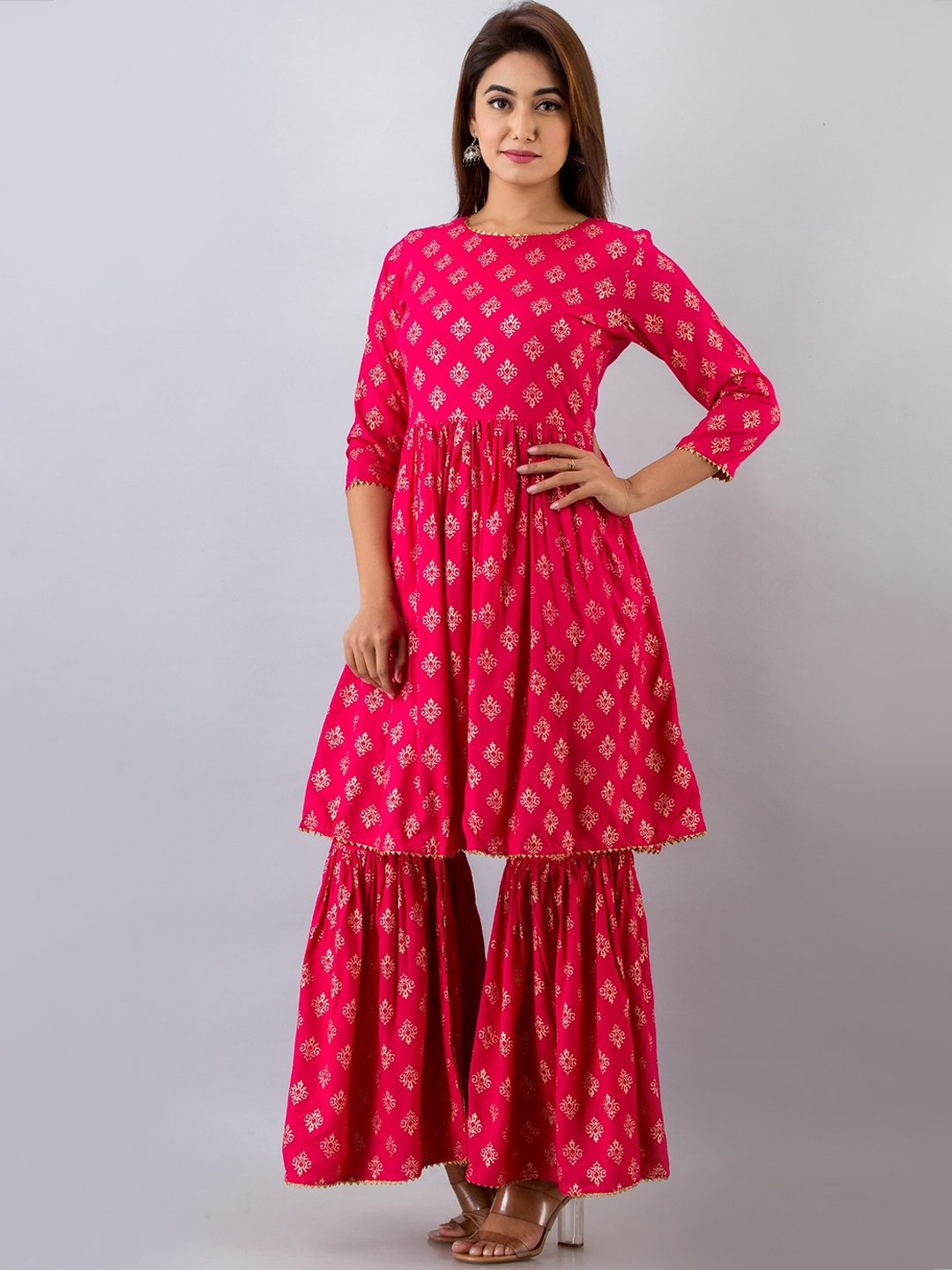 

HERE&NOW Pink Ethnic Motifs Printed Gotta Patti Pleated Kurta with Sharara