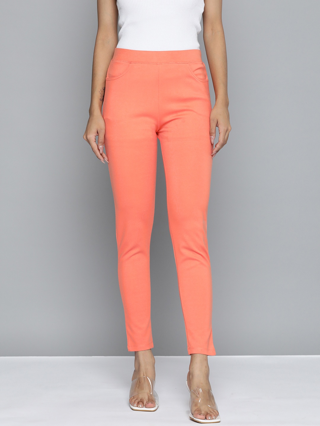 

HERE&NOW Women Mid-Rise Slim-Fit Strechable Treggings, Peach