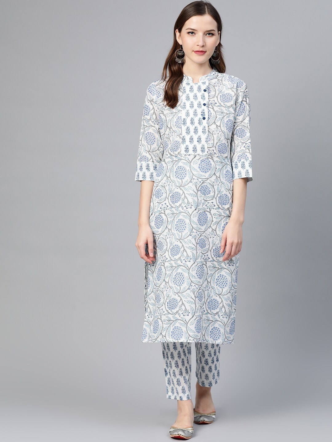 

Idalia Floral Printed Mandarin Collar Pure Cotton Kurta With Trousers, Blue