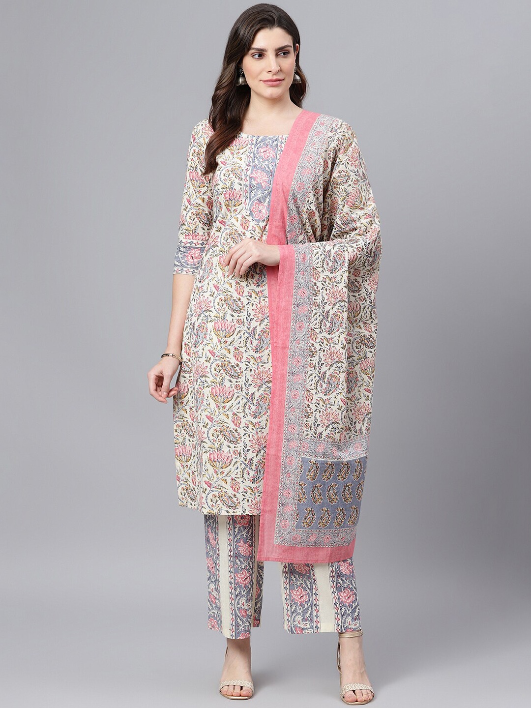 

Idalia Floral Printed Pure Cotton Kurta with Palazzos & Dupatta, Cream