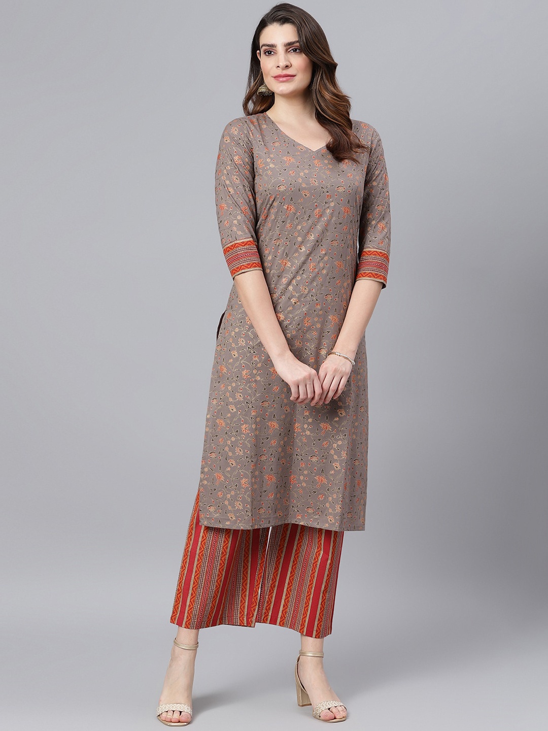 

Idalia Floral Printed V Neck Pure Cotton Kurta With Palazzos, Grey