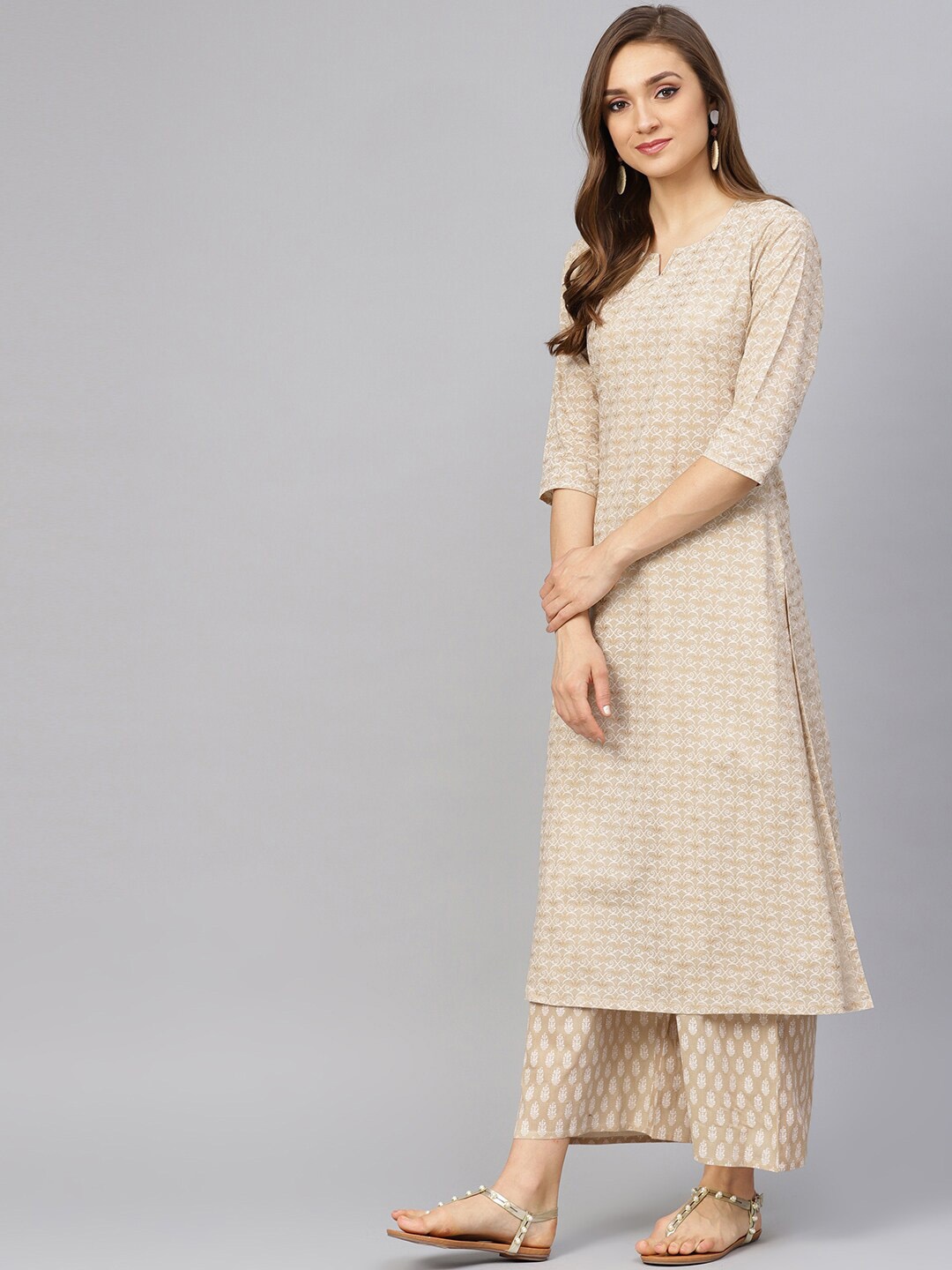 

Idalia Ethnic Motifs Printed Pure Cotton Kurta with Palazzos & Dupatta, Beige