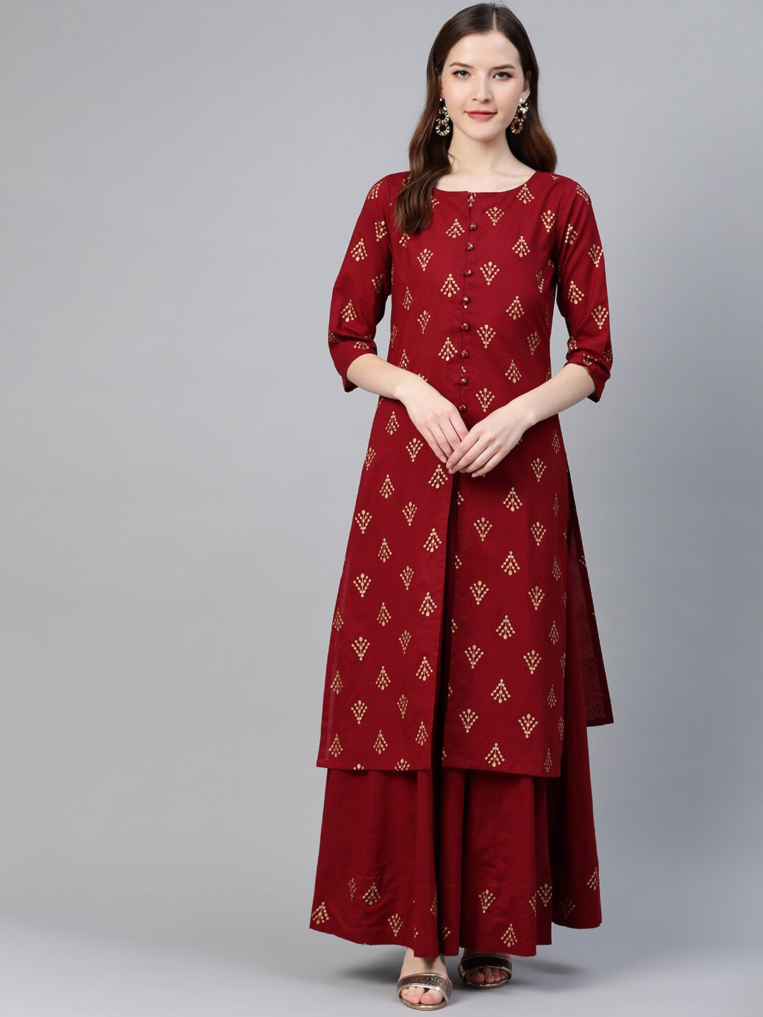 

Idalia Ethnic Motifs Printed Mutliple Slits Pure Cotton Kurta with Palazzos, Maroon