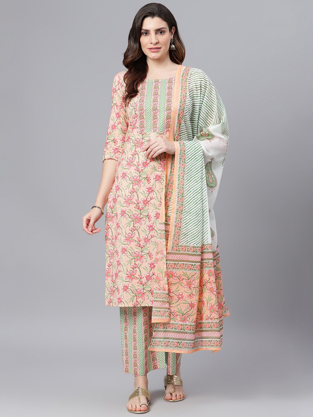 

Idalia Floral Printed Pure Cotton Kurta with Palazzos & Dupatta, Peach