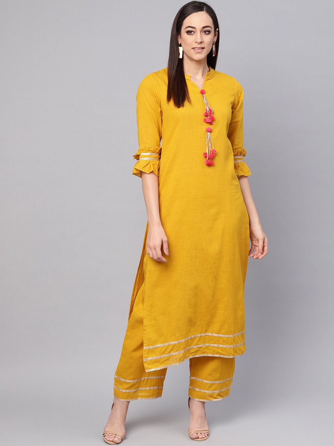 

Idalia Gotta Patti Tasselled Mandarin Collar Kurta with Palazzos, Mustard