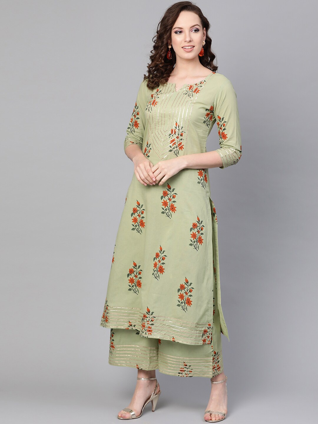 

Idalia Floral Printed Notched Neck Gotta Patti Pure Cotton Kurta With Palazzos, Green