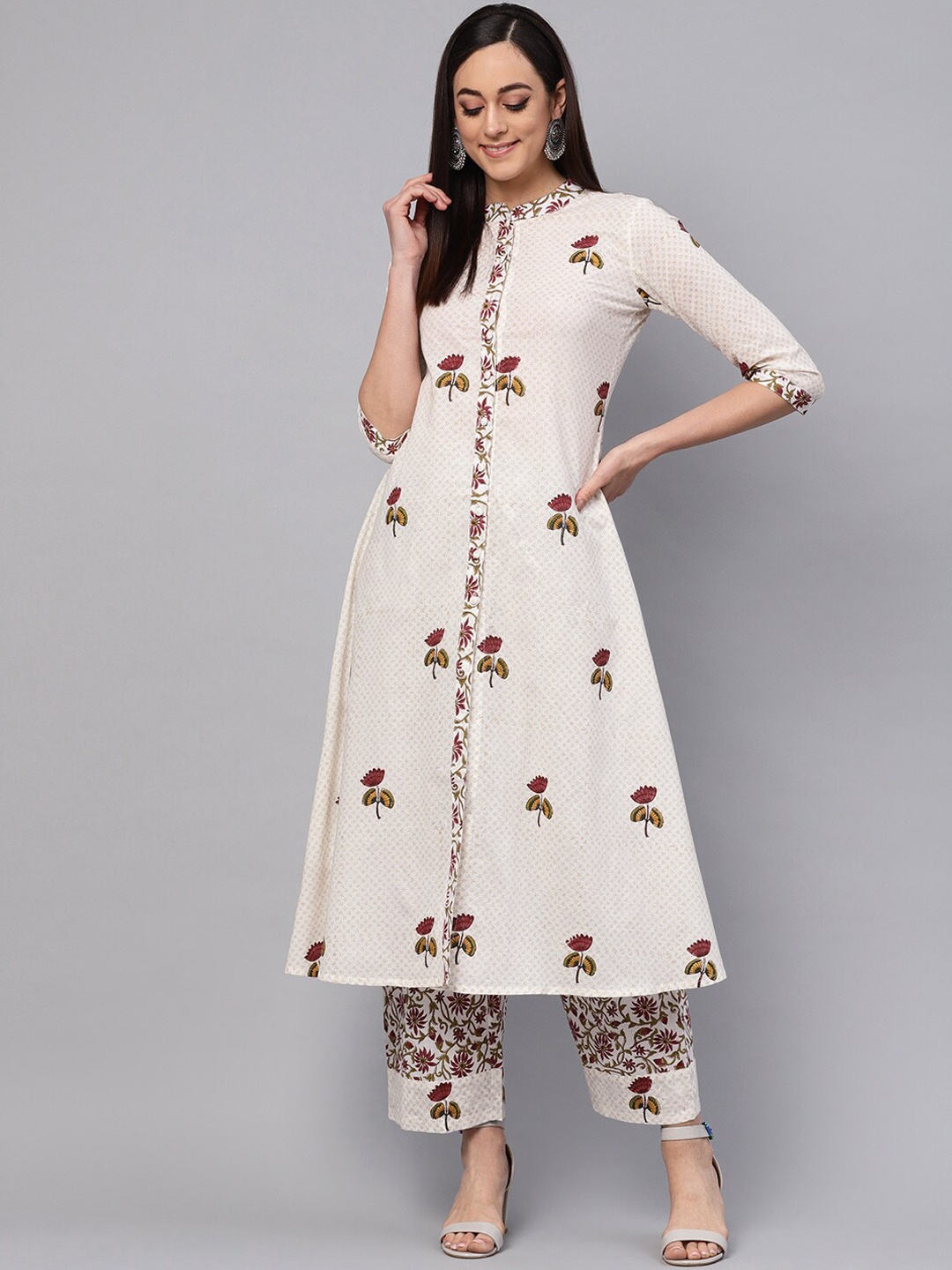 

Idalia Floral Printed A-Line Pure Cotton Kurta with Palazzos, Off white